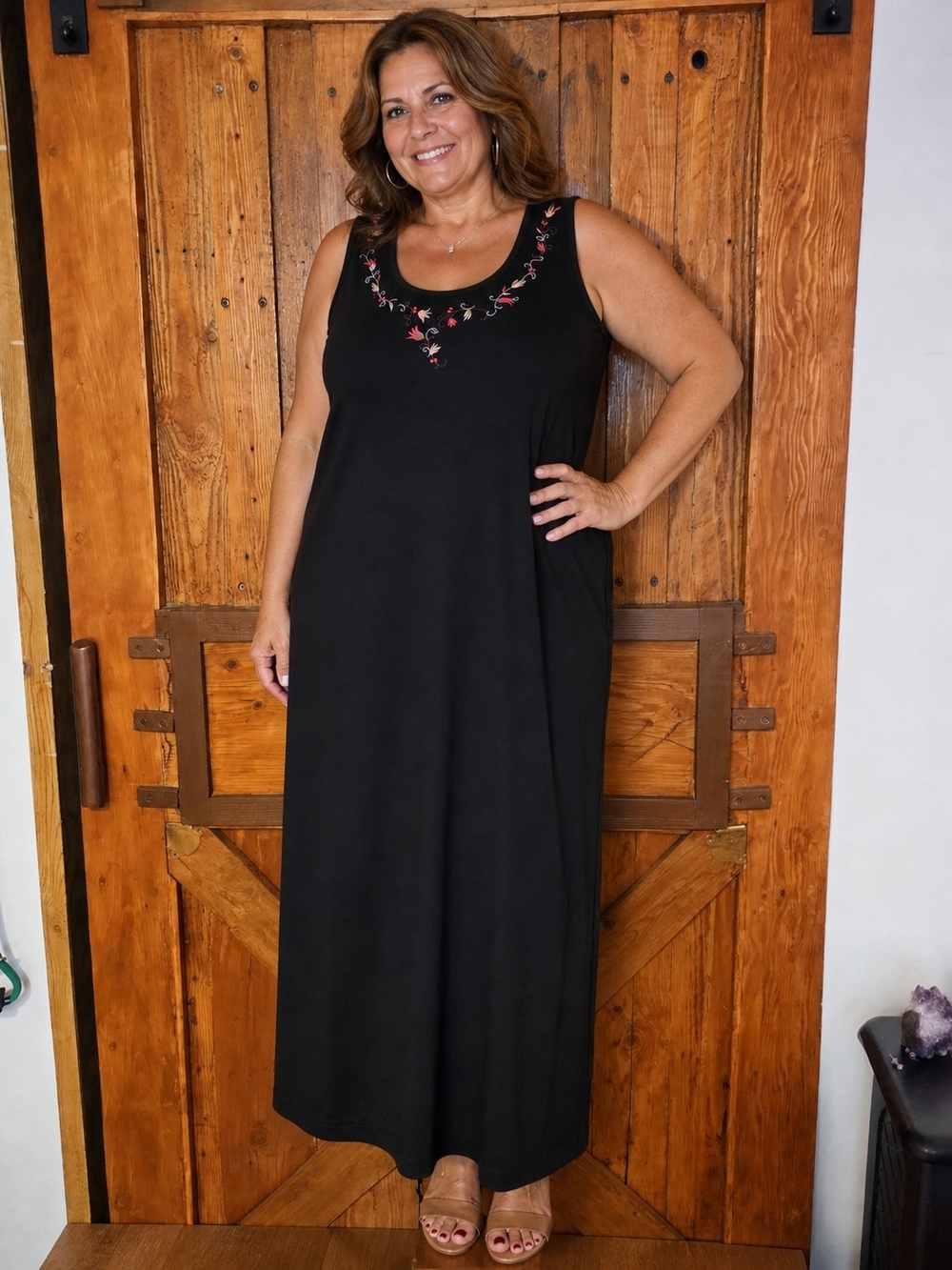 Christopher & Banks Black Maxi Dress with Pink Floral Neck Embroidery